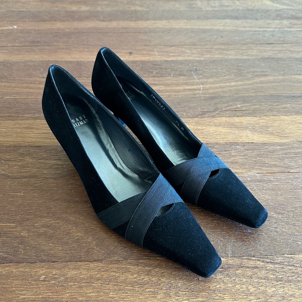 Stuart Weitzman Black Suede Kitten Heel Pumps Size 7.5 Pointed Toe Classic - Picture 8 of 9
